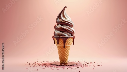 Delicious Swirled Ice Cream Cone with Chocolate and Strawberry Sauce on a Pink Background