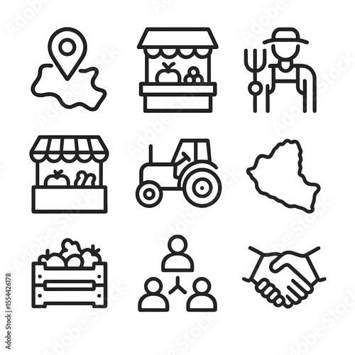 Local Sourcing Icons. Outline icon set of Local Sourcing: map pinpoint, farm stand, farmer with pitchfork, local market stall,