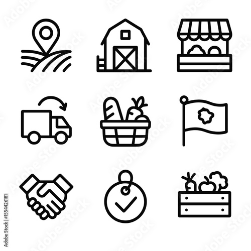 Local Sourcing Icons. Outline icon set of local sourcing: map pin on farmland, local farm icon, delivery van short route,