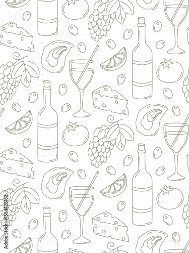 Seamless pattern with mediterranean elements drawn in doodle style. Background with italian food and drinks.
