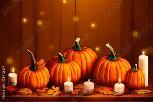 Autumn banner of pumpkins and fall decor on a rustic wood background with copy space 
