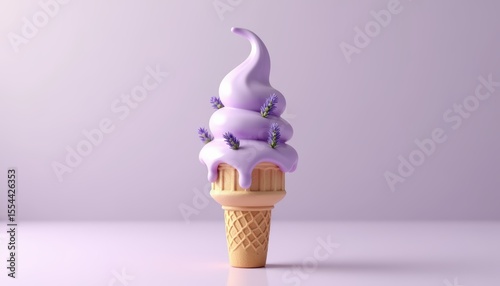 Lavender Ice Cream Cone with Whipped Cream and Fresh Lavender Flowers on Light Background