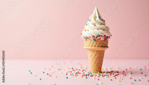 Whimsical Ice Cream Cone with Colorful Sprinkles Against Soft Pink Background