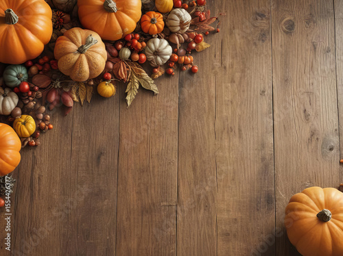 Autumn banner of pumpkins and fall decor on a rustic wood background with copy space 