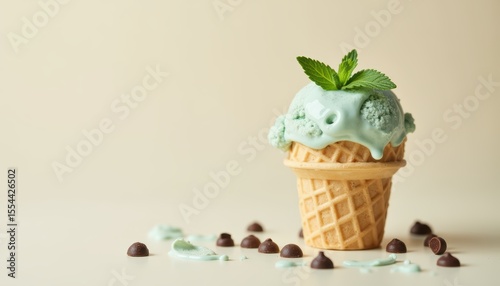 Mint Ice Cream in Waffle Cone with Chocolate Chips and Fresh Mint Leaf on Light Background
