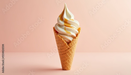 Creamy Soft Serve Ice Cream with Caramel Drizzle in Waffle Cone on Soft Pink Background