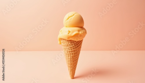 Creamy Yellow Ice Cream Scoop Melting on Waffle Cone Against Soft Pink Background