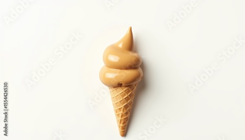 Smooth Caramel Ice Cream Swirl on a Waffle Cone Against a Clean White Background