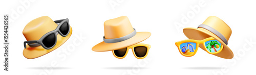 Set of 3d summer hat and sunglasses with holiday reflections. Beach vacation and travel concept. Summer accessories for leisure.