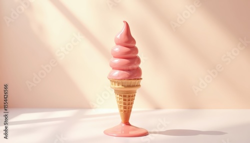 Delicious Soft Serve Ice Cream Cone with Whimsical Pink Swirl Against Soft Pastel Background