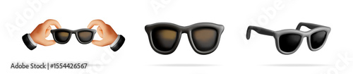 Man hand holding dark sunglasses. Realistic 3d vector icon of sun glasses in different angles. Summer wear and fashion accessory concept.