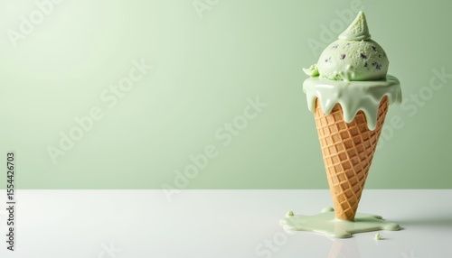 Melting Green Ice Cream Cone with Waffle Cone on a Light Green Background