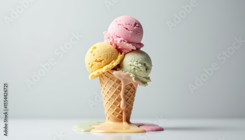 Colorful Ice Cream Scoops in a Waffle Cone Melting on a White Background