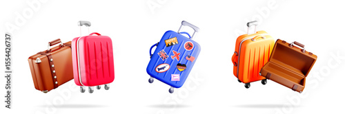 Suitcase collection for travel adventure. Set of 3d rendering travel bag icon for vacation tourism concept.