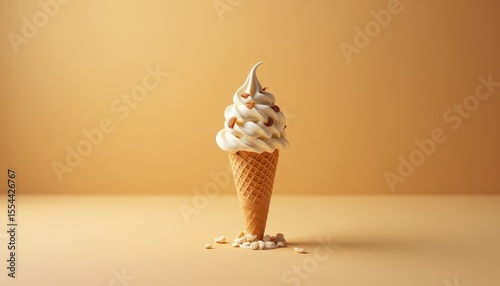 Delicious Soft Serve Ice Cream Cone on a Minimalist Background with Nuts and Caramel Drizzle