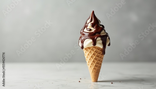 Delicious Soft Serve Ice Cream Cone with Rich Chocolate Sauce Dripping on Marble Surface