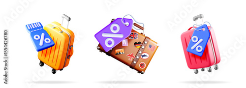 Three travel suitcases with discount and percentage tags. Summer travel sale concept for booking and vacation agency.