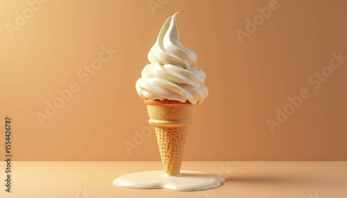 Delicious Soft Serve Ice Cream Cone Melting on a Warm Surface with Creamy Swirls and Cone