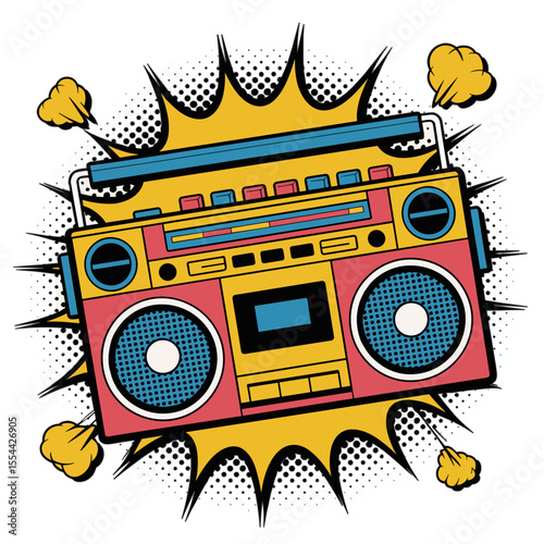 Retro boombox in comic pop art style with halftone explosion