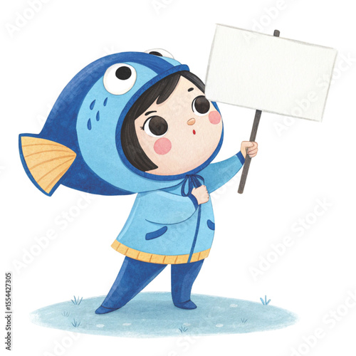 Child in underwater animal costume holding a white sign  in Minimal  Pastel  Clipart Kawaii White background 
