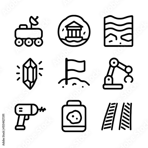 Lunar Archaeology Icons. Outline icon set of lunar archaeology: lunar rover, crater temple, rock strata, selenite artifact, flag