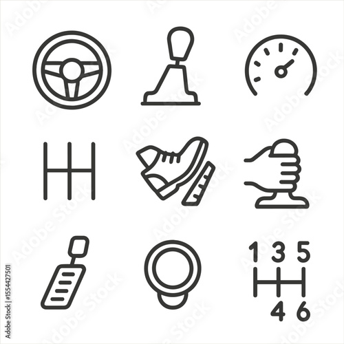 Manual Gear Shift Icons. Outline icon set of manual gear shifting POV: steering wheel, gear shift lever, clutch pedal, dashboard