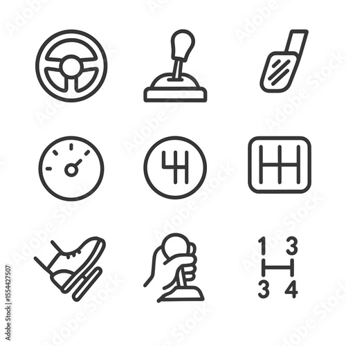 Manual Gear Shift Icons. Outline icon set of manual gear shifting POV: steering wheel, gear shift lever, clutch pedal, dashboard