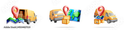 Multiple 3d illustrations of package delivery vans, cardboard boxes, and location map pins representing global shipping.