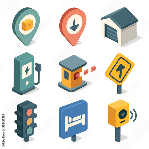 Map Marker Icons. Isometric Flat icon set of map markers and symbols: pickup point, drop-off point, warehouse icon, recharging