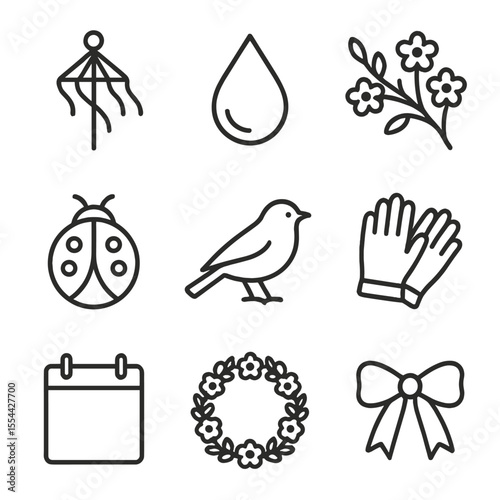 May Day Icons. Outline icon set of May Day and Seasonal Celebration: May pole, spring rain drop, blossoming branch, ladybug, robin