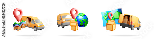 Delivery van on the road carrying parcels, surrounded by markers, map and earth. Express global shipping and package tracking concept.