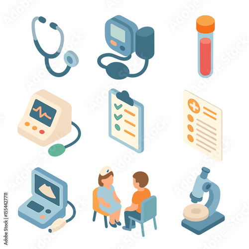 Medical Icon Set. Isometric Flat icon set of medical screening and eligibility: stethoscope, blood pressure monitor, lab test tube