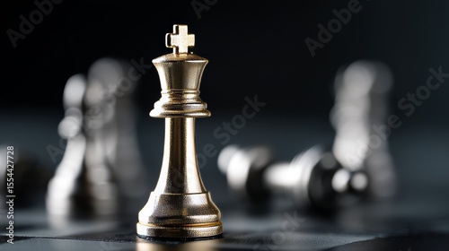 A dark backdrop provides the setting for a checkered board, where golden chess pieces are placed, and a fallen piece rests on the squares, indicating a snapshot of a game in progress