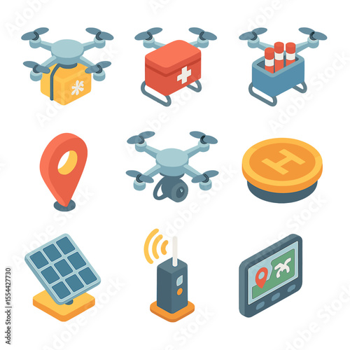 Medical Drone Icon Set. Isometric Flat icon set of medical and sample delivery drones: insulated cargo box, medical supply kit,