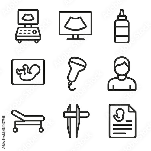 Medical Imaging Icons. Outline icon set of ultrasound and medical imaging: ultrasound machine, ultrasound image, fetal silhouette