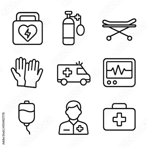Medical Emergency Icons. Outline icon set of medical emergency drills: AED device, oxygen tank, stretcher, medical gloves,