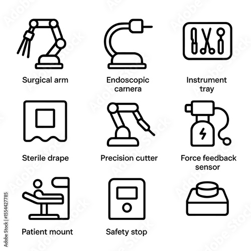 Medical Robot Icons. Outline icon set of Medical and Surgical Robots: surgical arm, endoscopic camera, instrument tray, control