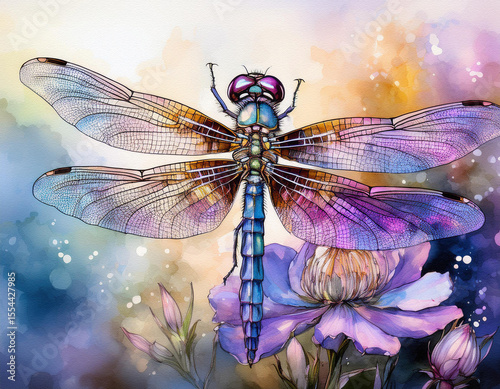 A detailed dragonfly with translucent wings rests on a purple flower. The dreamy background is softly painted with watercolor hues.