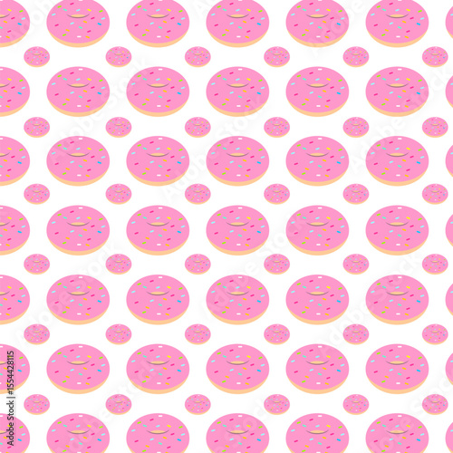 Vector illustration of a seamless pattern of donuts with pink topping and sprinkles
