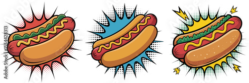 Set, a vibrant and playful pop art style of Hot Dog with mustard featuring bold colors and dynamic shapes, isolated on white