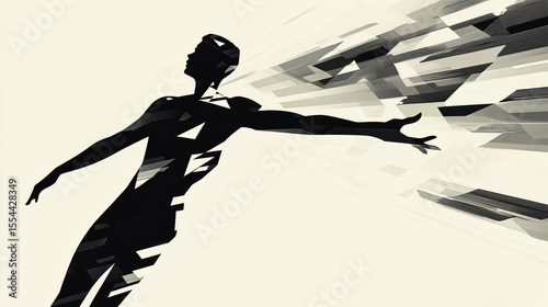 Minimalist silhouette of a man jumping with abstract geometric patterns.