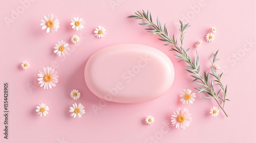 Pink soap bar with daisies and rosemary for natural skincare and aromatherapy on pink background