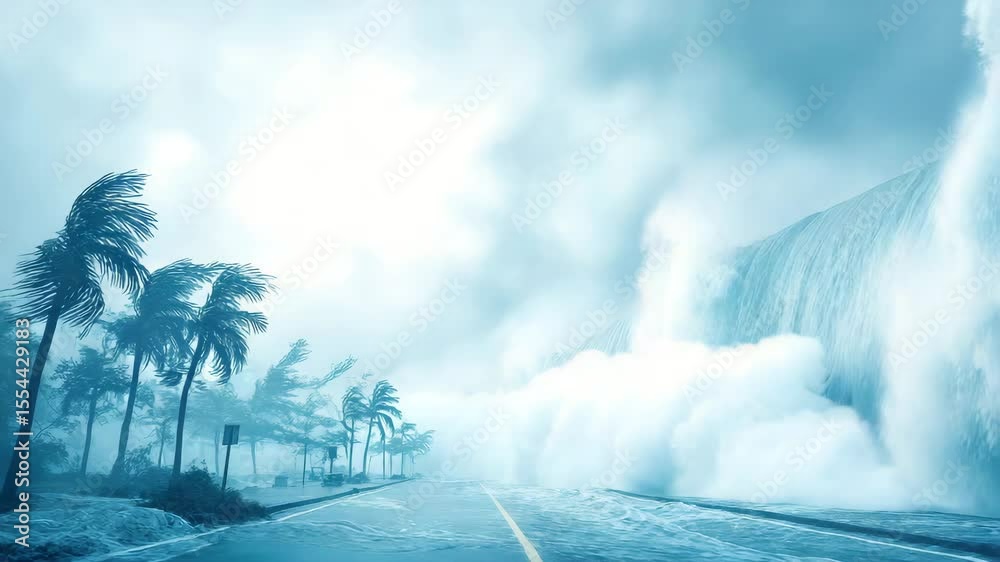 ocean giant wave tsunami near palm tree forest motion, ocean wave motion