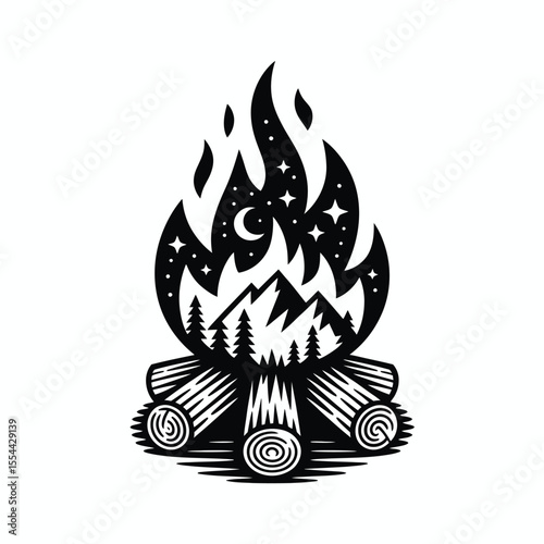 Monochrome Campfire Design with Mountains Stars and Crescent Moon