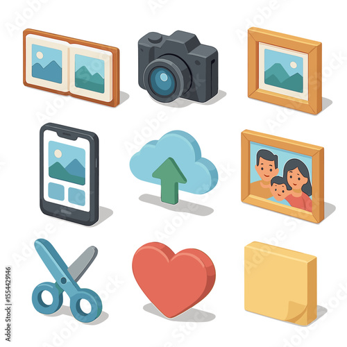 Memory Album Icons. Isometric Flat icon set of memory album sharing: photo album, digital camera, photo frame, smartphone gallery,