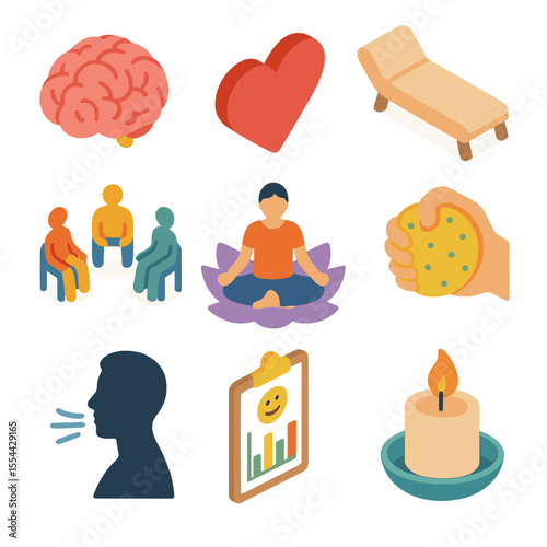 Mental Health Icons. Isometric Flat icon set of mental health and resilience: brain icon, heart symbol, therapy couch, support