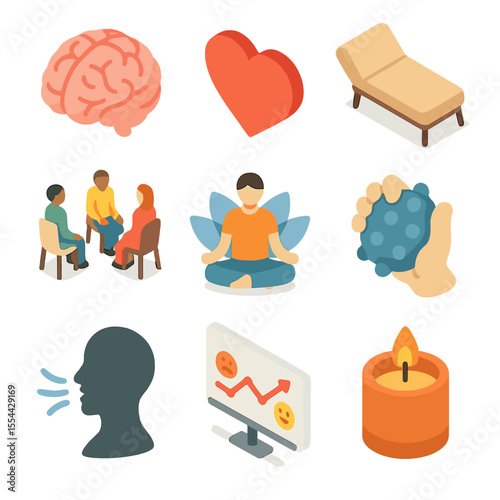 Mental Health Icons. Isometric Flat icon set of mental health and resilience: brain icon, heart symbol, therapy couch, support