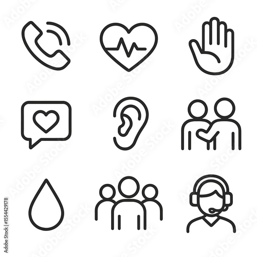 Mental Health Icons. Outline icon set of mental health support line: lifeline phone, heart with pulse, calming hand gesture,