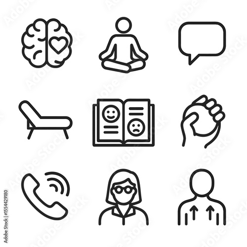 Mental Health Icons. Outline icon set of mental health support tools: brain with heart, meditation pose, speech bubble, therapy