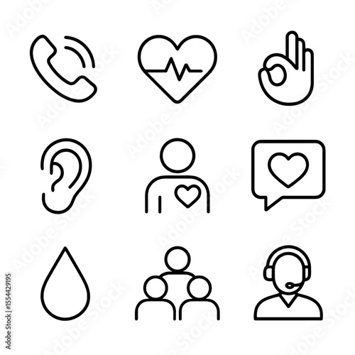Mental Health Icons. Outline icon set of mental health support line: lifeline phone, heart with pulse, calming hand gesture,